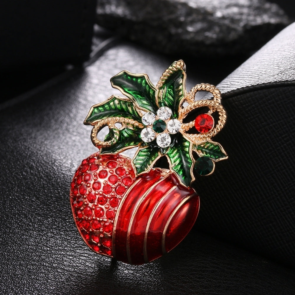 Christmas Unisex Rhinestone Inlaid Enamel Apple Shape Brooch Pin Clip Xmas Gift Image 4