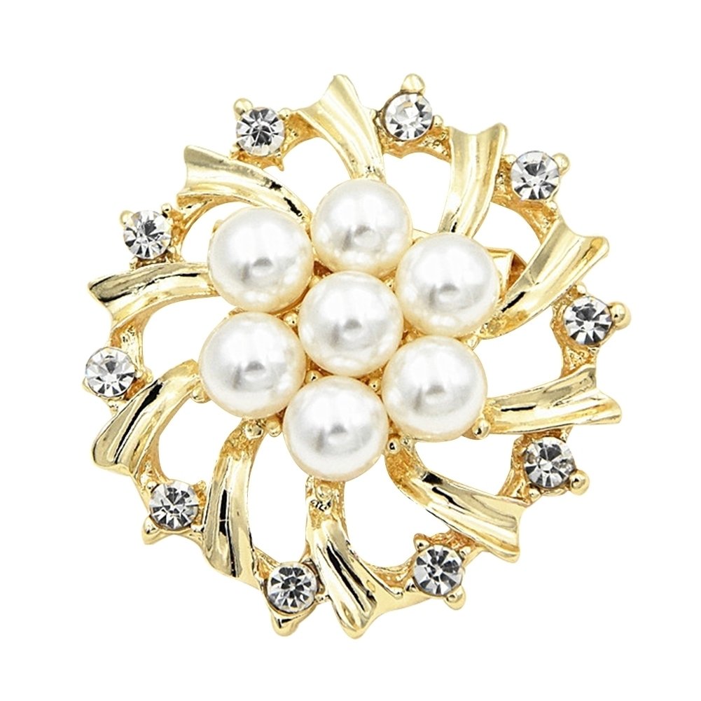 Woman Fashion Faux Pearl Rhinestone Inlaid Flower Brooch Pin Cardigan Shawl Clip Image 1