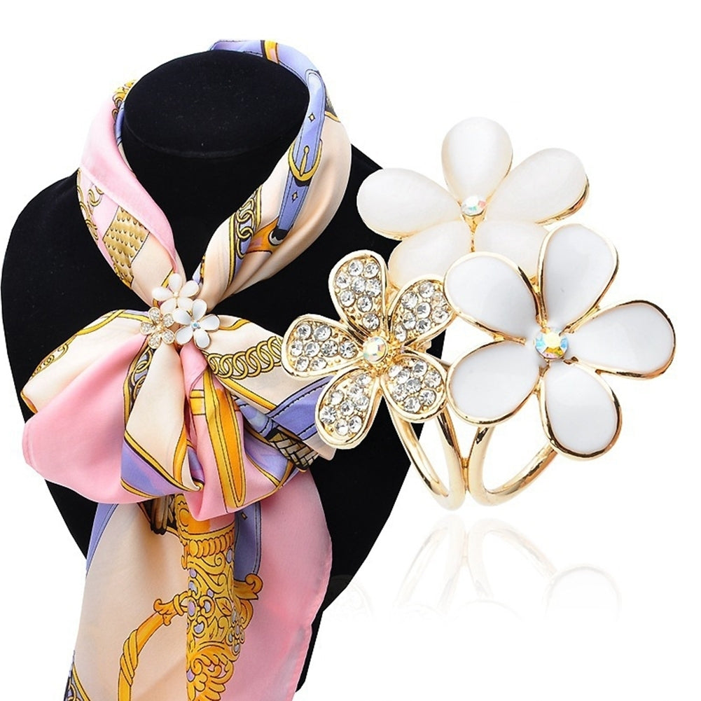 Women Shiny Rhinestone Inlaid Flower Scarf Ring Clip Holder Brooch Pin Buckle Image 3