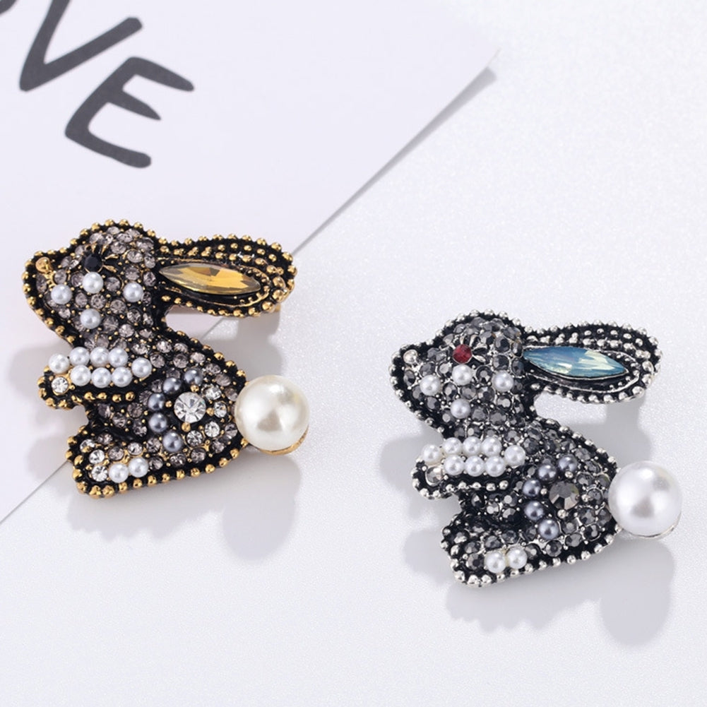 Cute Rabbit Faux Pearl Rhinestone Inlaid Brooch Pin Women Shirt Collar Badge Image 2