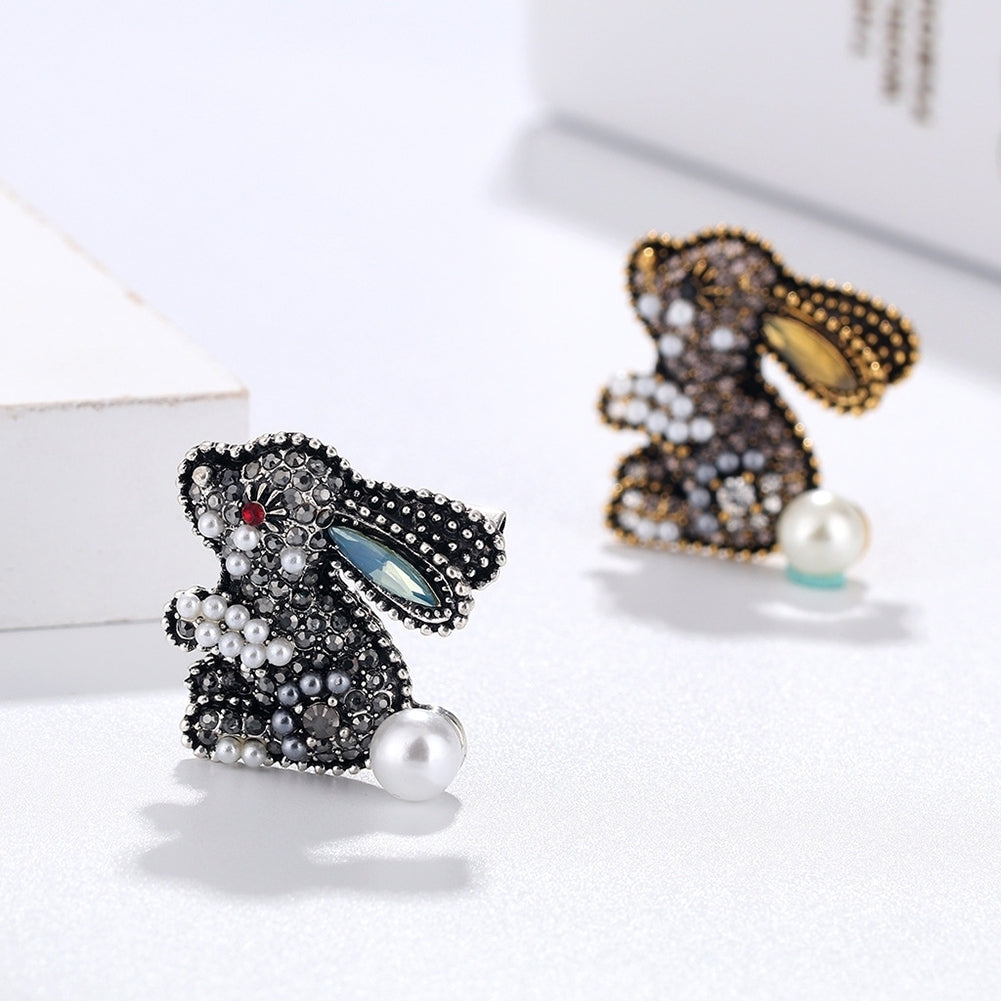 Cute Rabbit Faux Pearl Rhinestone Inlaid Brooch Pin Women Shirt Collar Badge Image 3