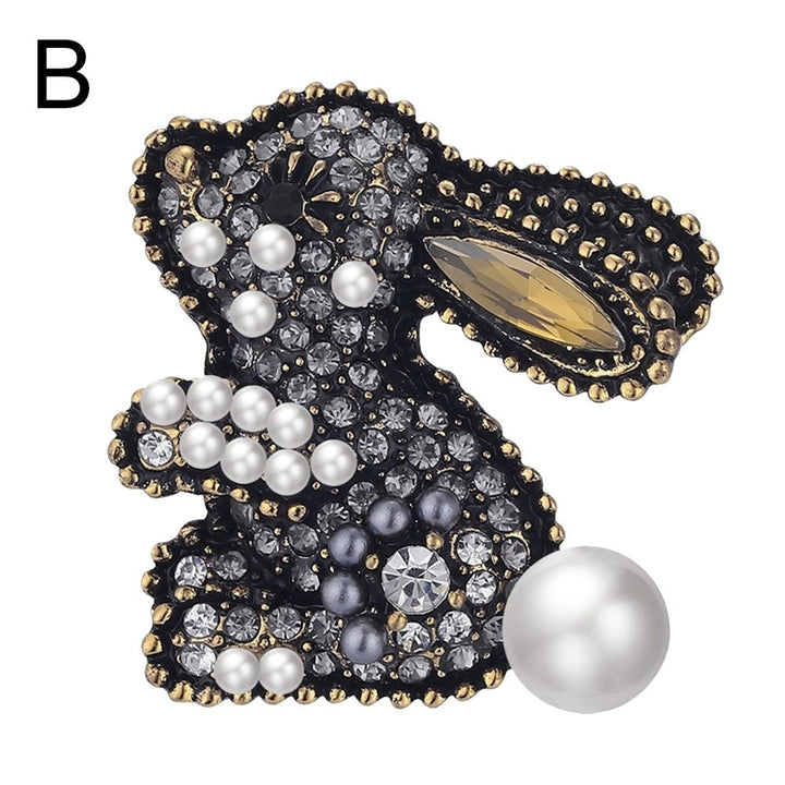 Cute Rabbit Faux Pearl Rhinestone Inlaid Brooch Pin Women Shirt Collar Badge Image 1