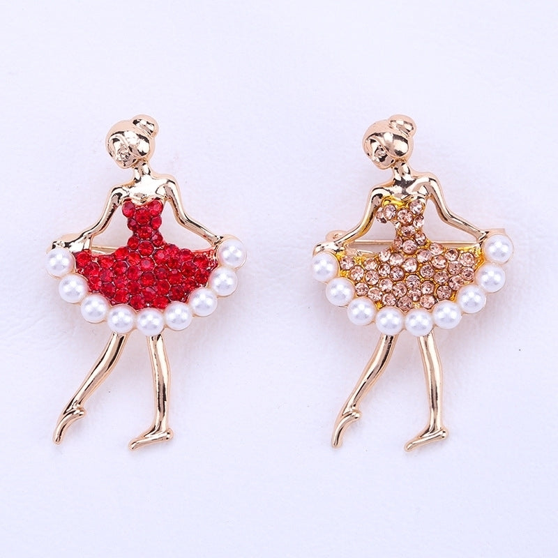 Women Rhinestone Faux Pearl Inlaid Dancing Girl Brooch Pin Cardigan Accessory Image 1