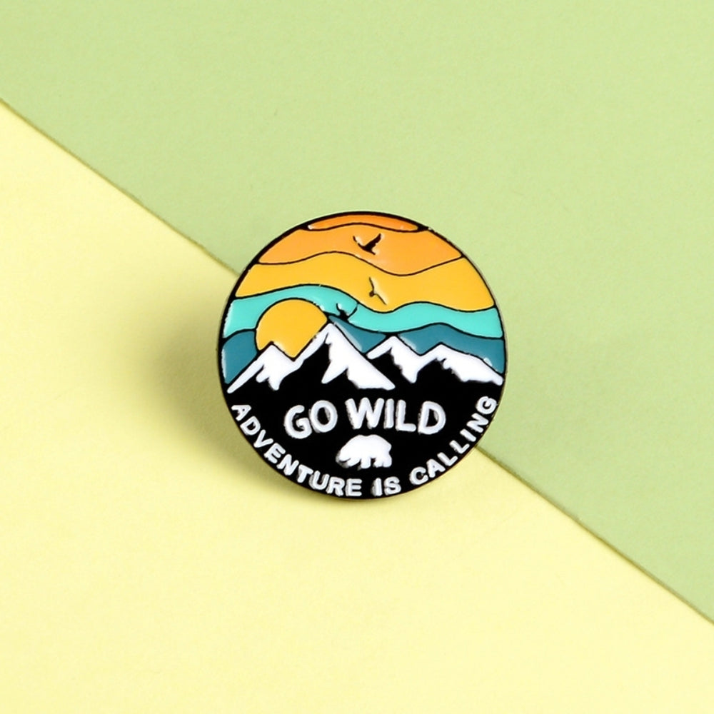 Unisex GO WILD Sunset Snow Mountain Bird Enamel Brooch Pin Jacket Bag Badge Image 2