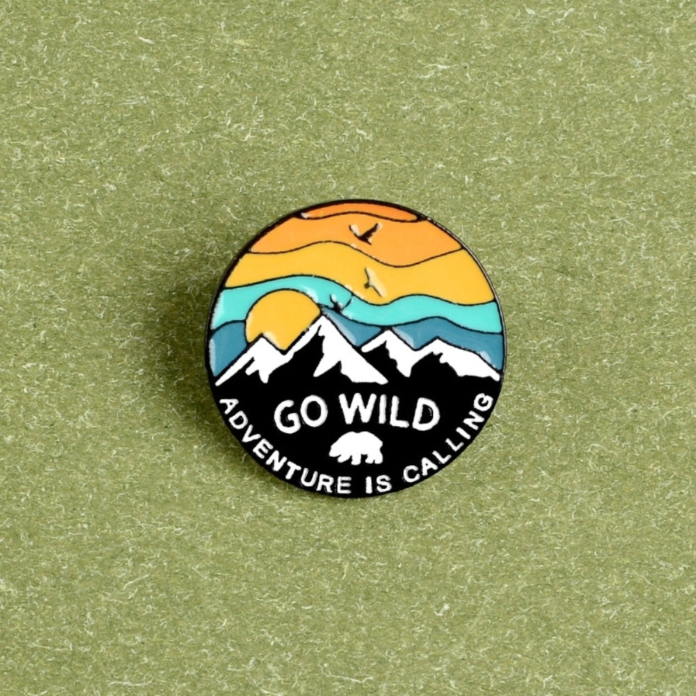 Unisex GO WILD Sunset Snow Mountain Bird Enamel Brooch Pin Jacket Bag Badge Image 4