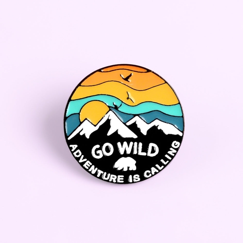 Unisex GO WILD Sunset Snow Mountain Bird Enamel Brooch Pin Jacket Bag Badge Image 4