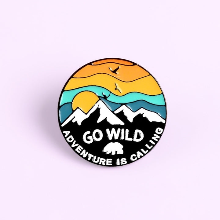 Unisex GO WILD Sunset Snow Mountain Bird Enamel Brooch Pin Jacket Bag Badge Image 4