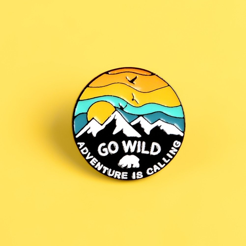 Unisex GO WILD Sunset Snow Mountain Bird Enamel Brooch Pin Jacket Bag Badge Image 6