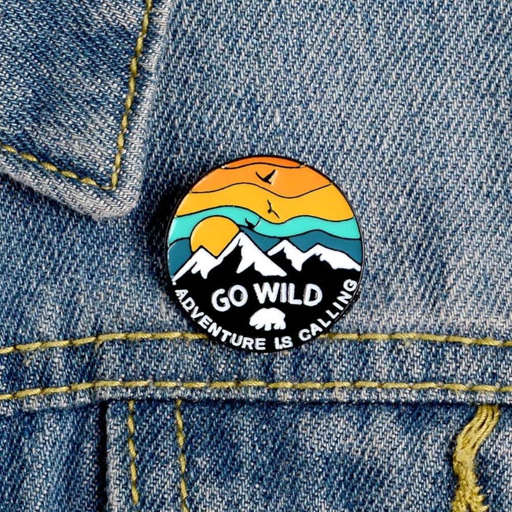 Unisex GO WILD Sunset Snow Mountain Bird Enamel Brooch Pin Jacket Bag Badge Image 8