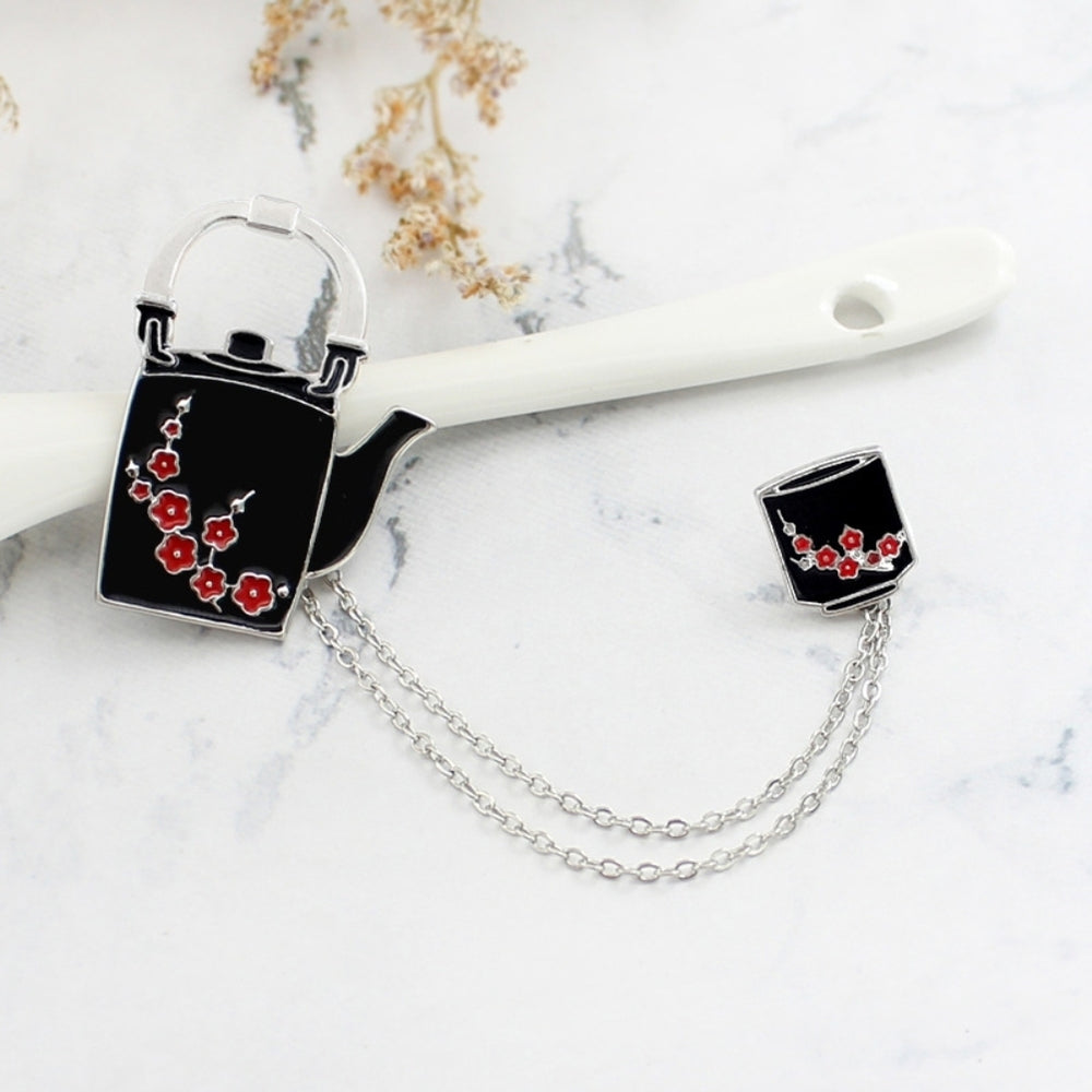 Unisex Plum Flower Teapot Cup Chain Tassel Enamel Brooch Pin Corsage Badge Gift Image 2
