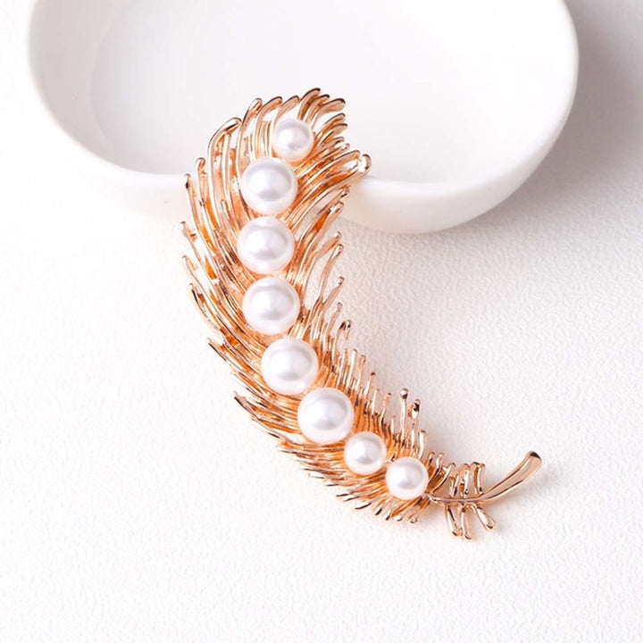 Elegant Women Faux Pearl Inlaid Feather Shape Brooch Pin Corsage Scarf Accessory Image 4