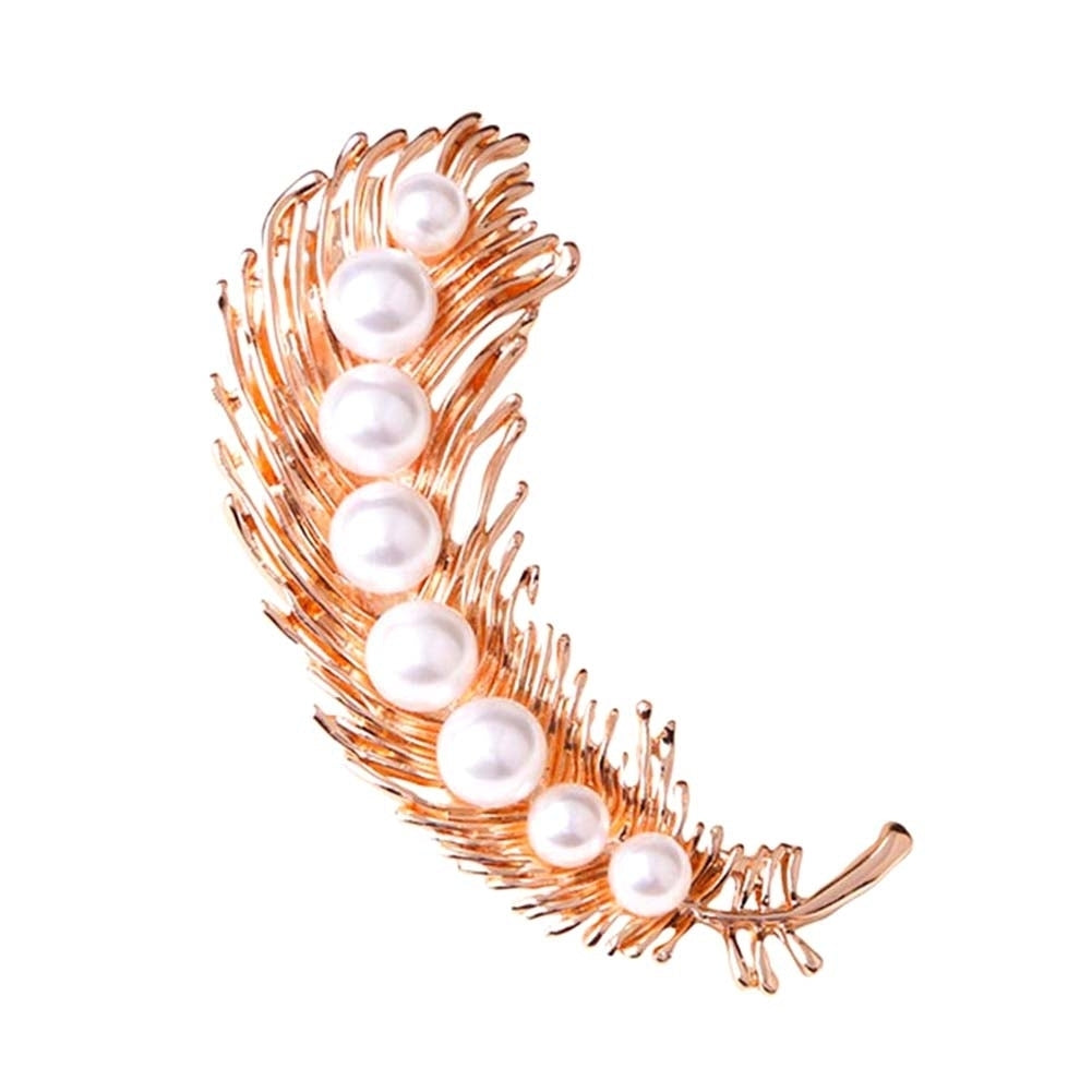 Elegant Women Faux Pearl Inlaid Feather Shape Brooch Pin Corsage Scarf Accessory Image 6