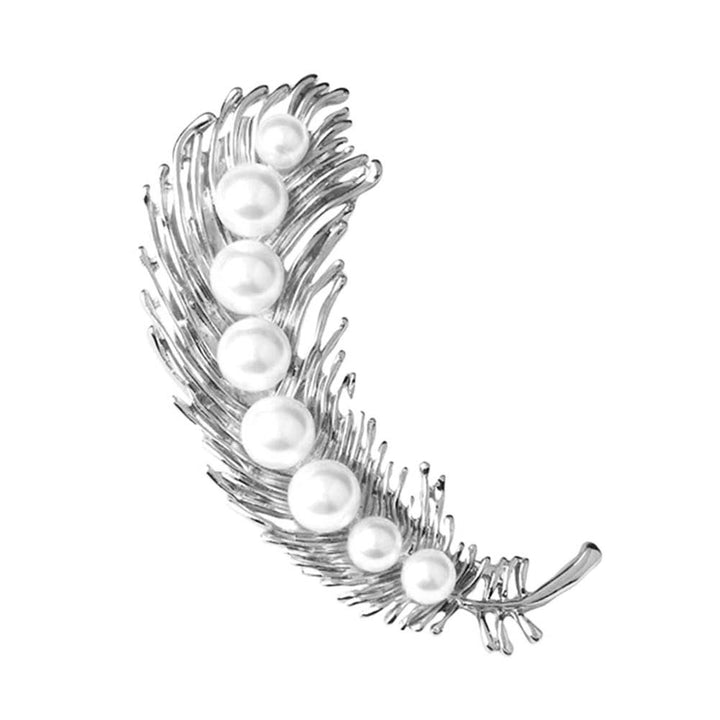 Elegant Women Faux Pearl Inlaid Feather Shape Brooch Pin Corsage Scarf Accessory Image 1