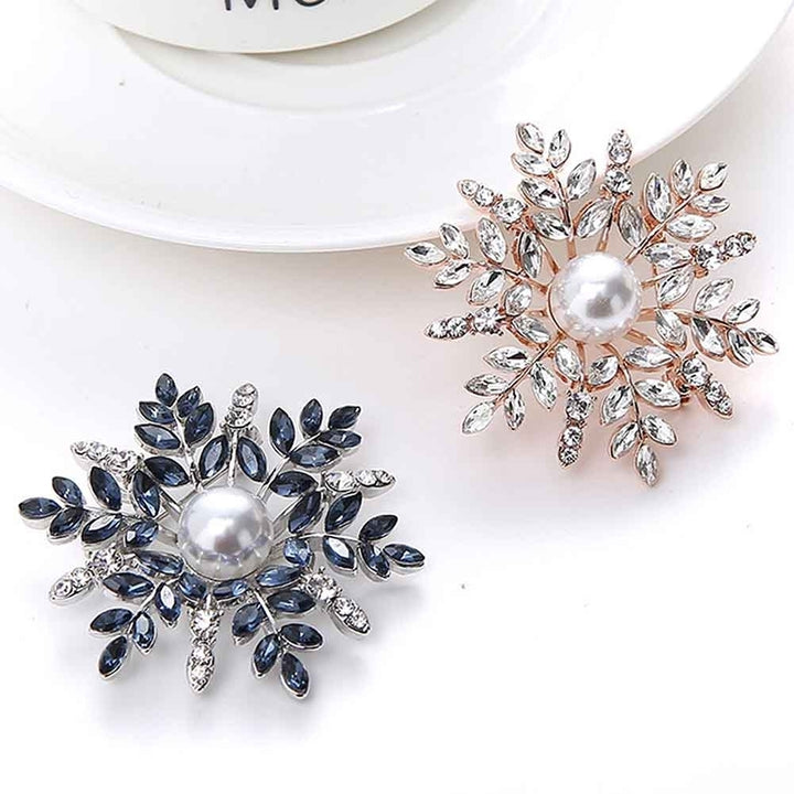 Women Rhinestone Faux Pearl Snowflake Brooch Pin Badge Cardigan Scarf Accessory Image 1