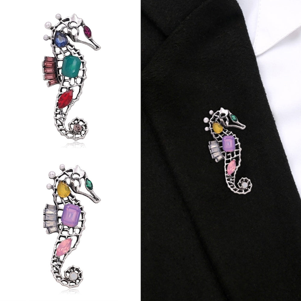 Women Hollow Seahorse Animal Faux Crystal Brooch Pin Badge Corsage Lapel Jewelry Image 2