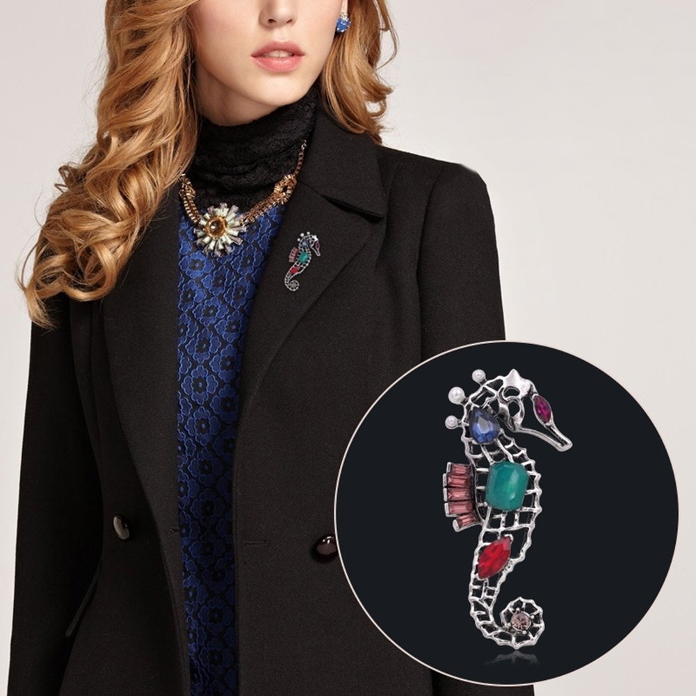 Women Hollow Seahorse Animal Faux Crystal Brooch Pin Badge Corsage Lapel Jewelry Image 3