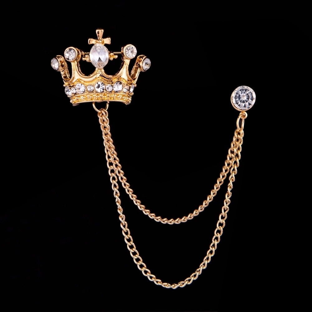 Unisex Crown Shape Brooch Tassel Chain Lapel Pin Retro Corsage Suit Accessory Image 4