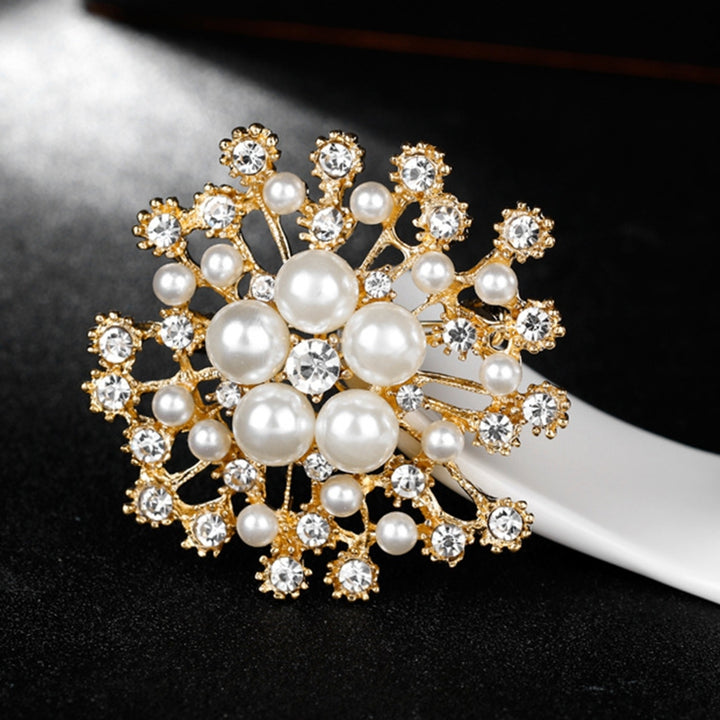 Ladies Snowflake Faux Pearl Rhinestone Decor Brooch Pin Corsage Fashion Gift Image 3