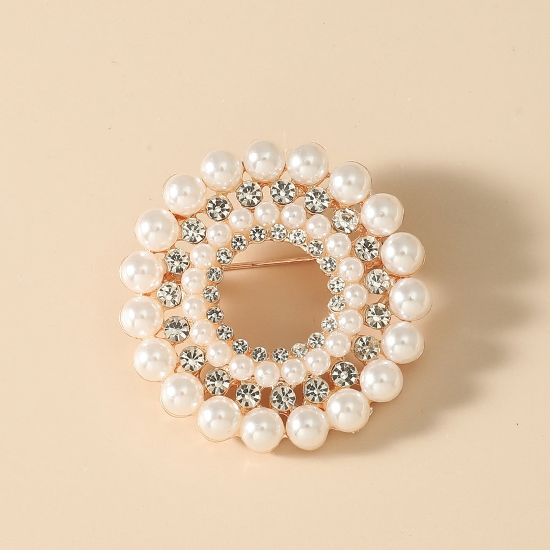 Women Round Faux Pearl Rhinestone Decor Brooch Pin Corsage Fashion Accessory Image 3