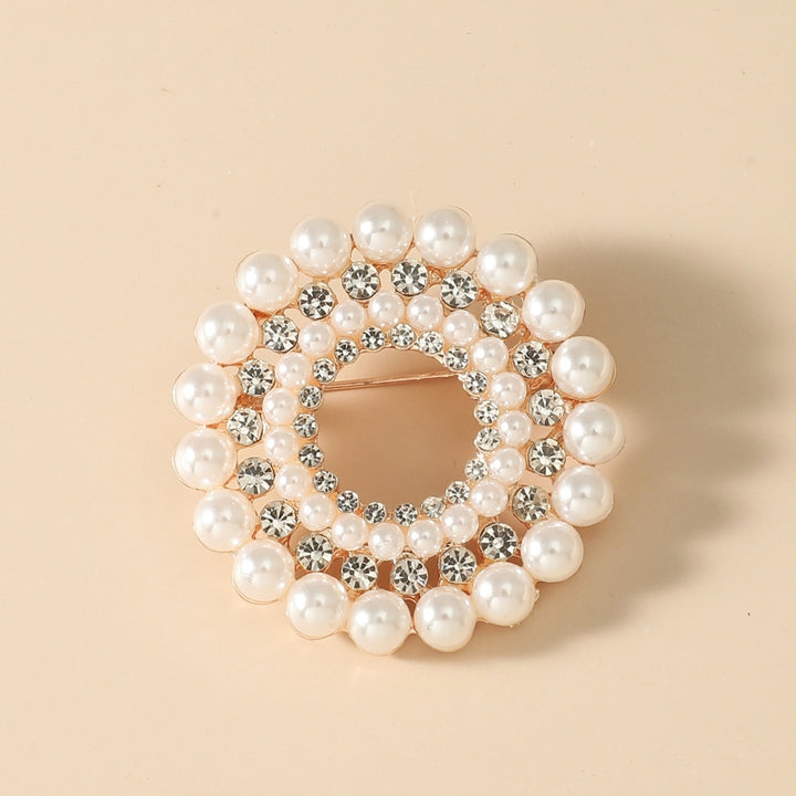 Women Round Faux Pearl Rhinestone Decor Brooch Pin Corsage Fashion Accessory Image 3