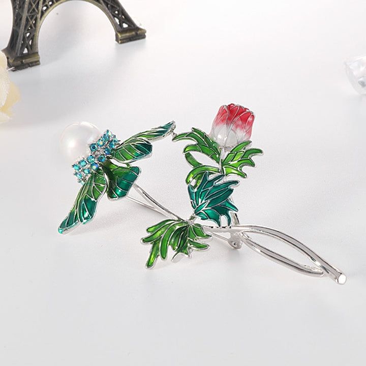 Simple Rose Flower Leaf Faux Pearl Rhinestone Brooch Pin Lapel Jewelry Accessory Image 1