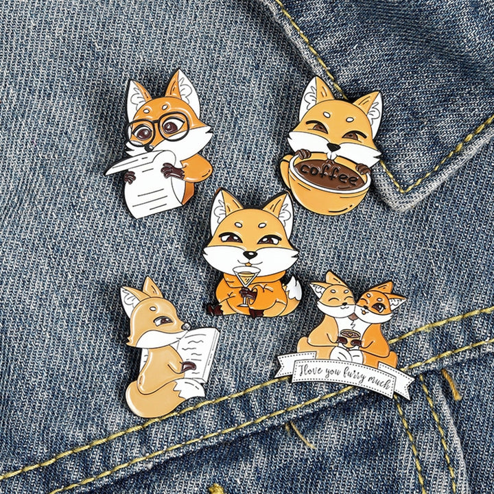 Cartoon Animal Fox Drink Coffee Newspaper Enamel Brooch Pin Bag Lapel Badge Image 1