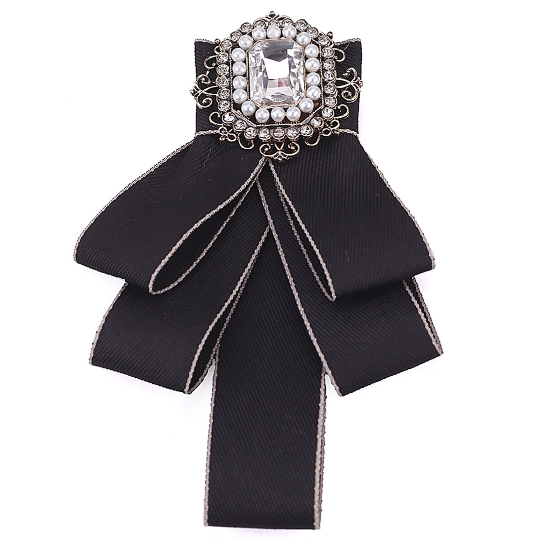 Women Elegant Wedding Party Bow Rhinestone Lint Pre Tied Neck Tie Brooch Pin Image 2