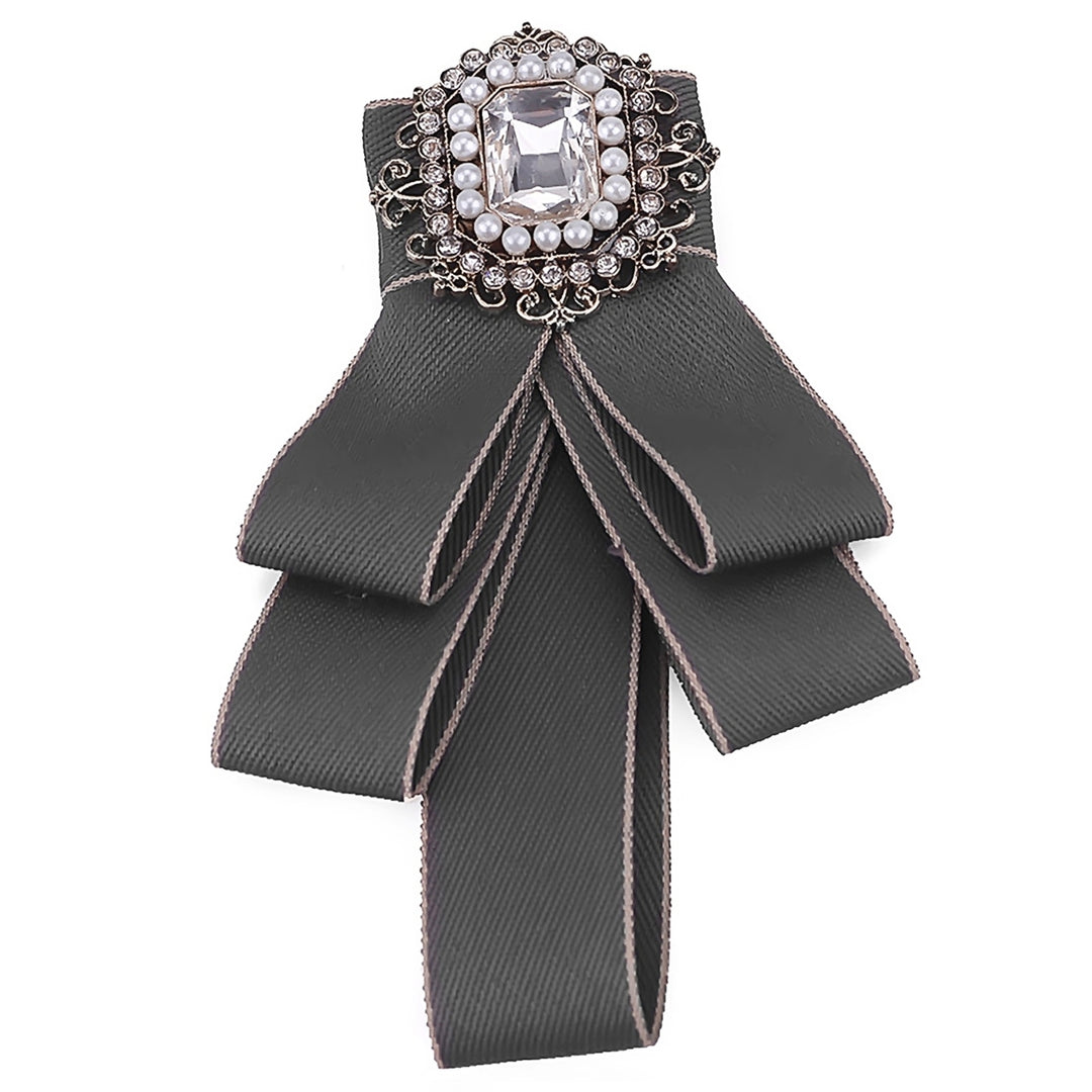 Women Elegant Wedding Party Bow Rhinestone Lint Pre Tied Neck Tie Brooch Pin Image 3