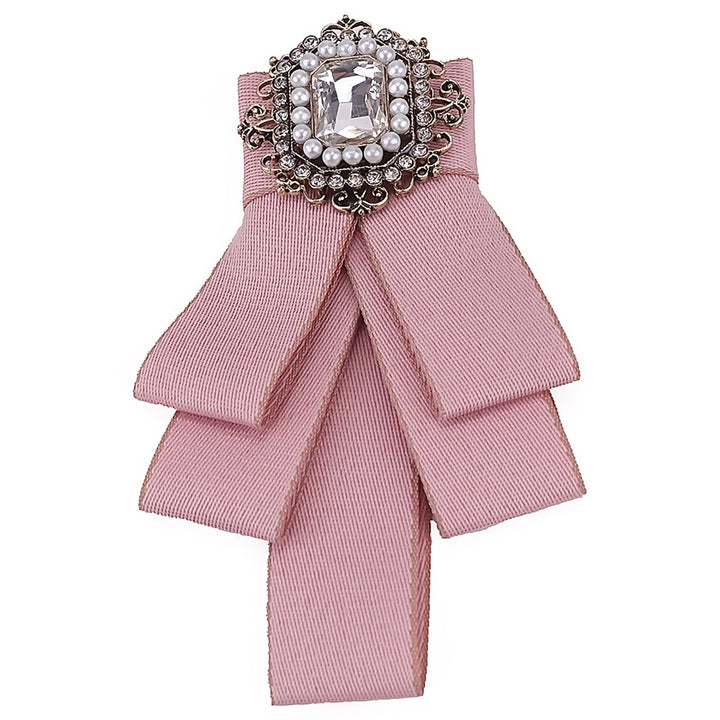 Women Elegant Wedding Party Bow Rhinestone Lint Pre Tied Neck Tie Brooch Pin Image 4