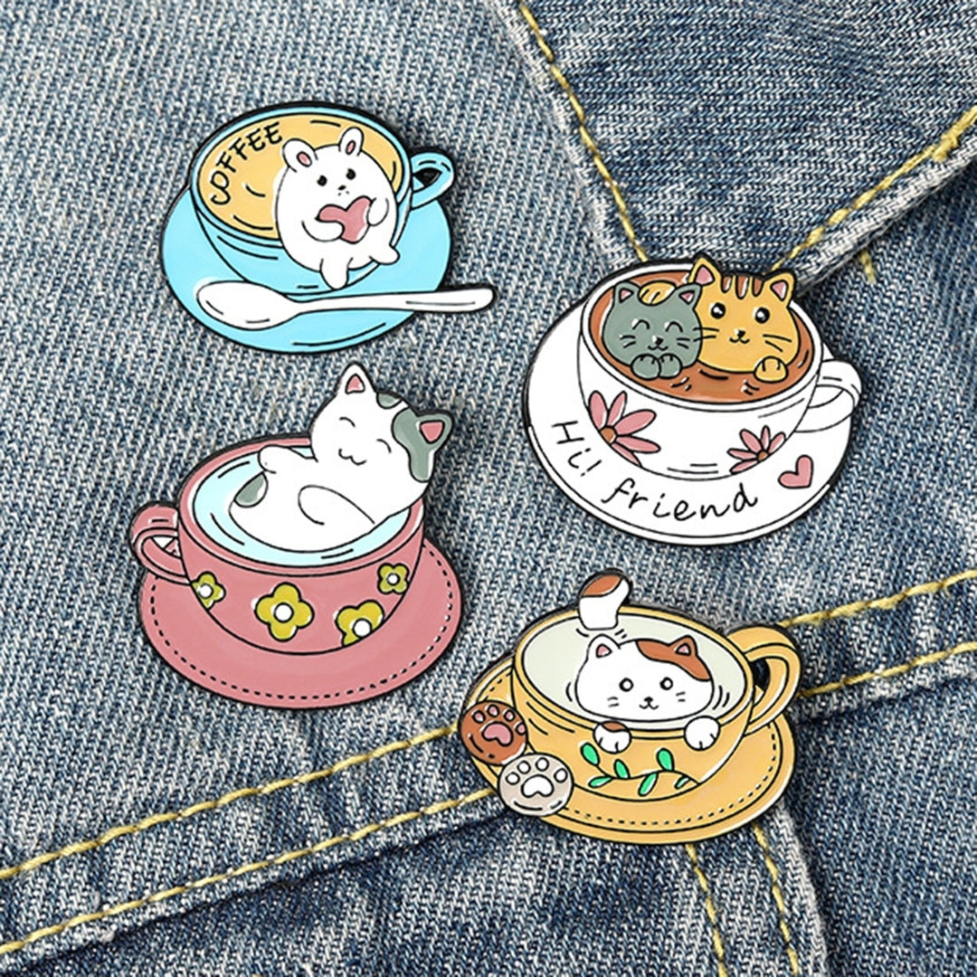 Cartoon Cat Coffee Cup Brooch Bag Hats Lapel Enamel Paint Pin Garment Badge Gift Image 1