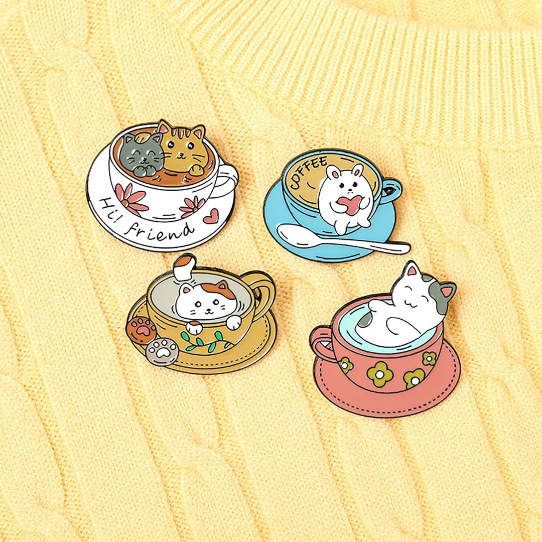 Cartoon Cat Coffee Cup Brooch Bag Hats Lapel Enamel Paint Pin Garment Badge Gift Image 2