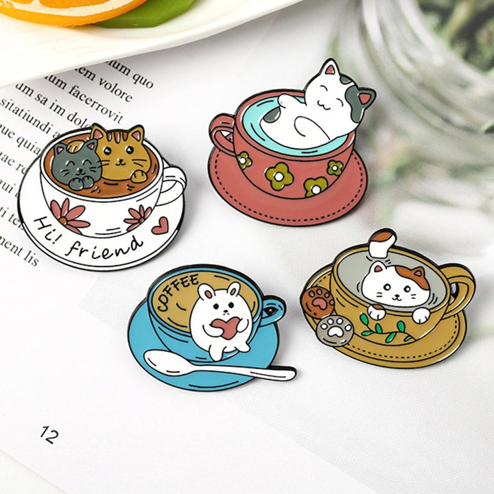 Cartoon Cat Coffee Cup Brooch Bag Hats Lapel Enamel Paint Pin Garment Badge Gift Image 3