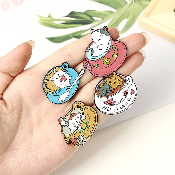 Cartoon Cat Coffee Cup Brooch Bag Hats Lapel Enamel Paint Pin Garment Badge Gift Image 4