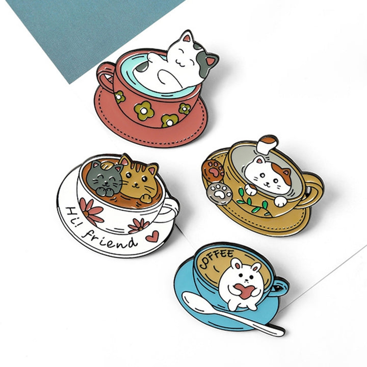 Cartoon Cat Coffee Cup Brooch Bag Hats Lapel Enamel Paint Pin Garment Badge Gift Image 6