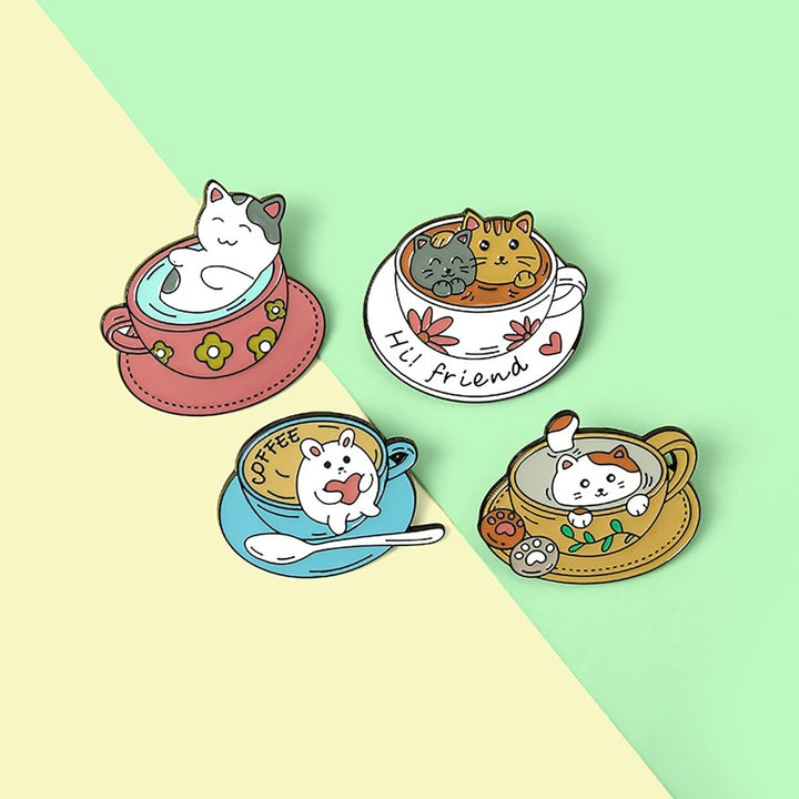 Cartoon Cat Coffee Cup Brooch Bag Hats Lapel Enamel Paint Pin Garment Badge Gift Image 7