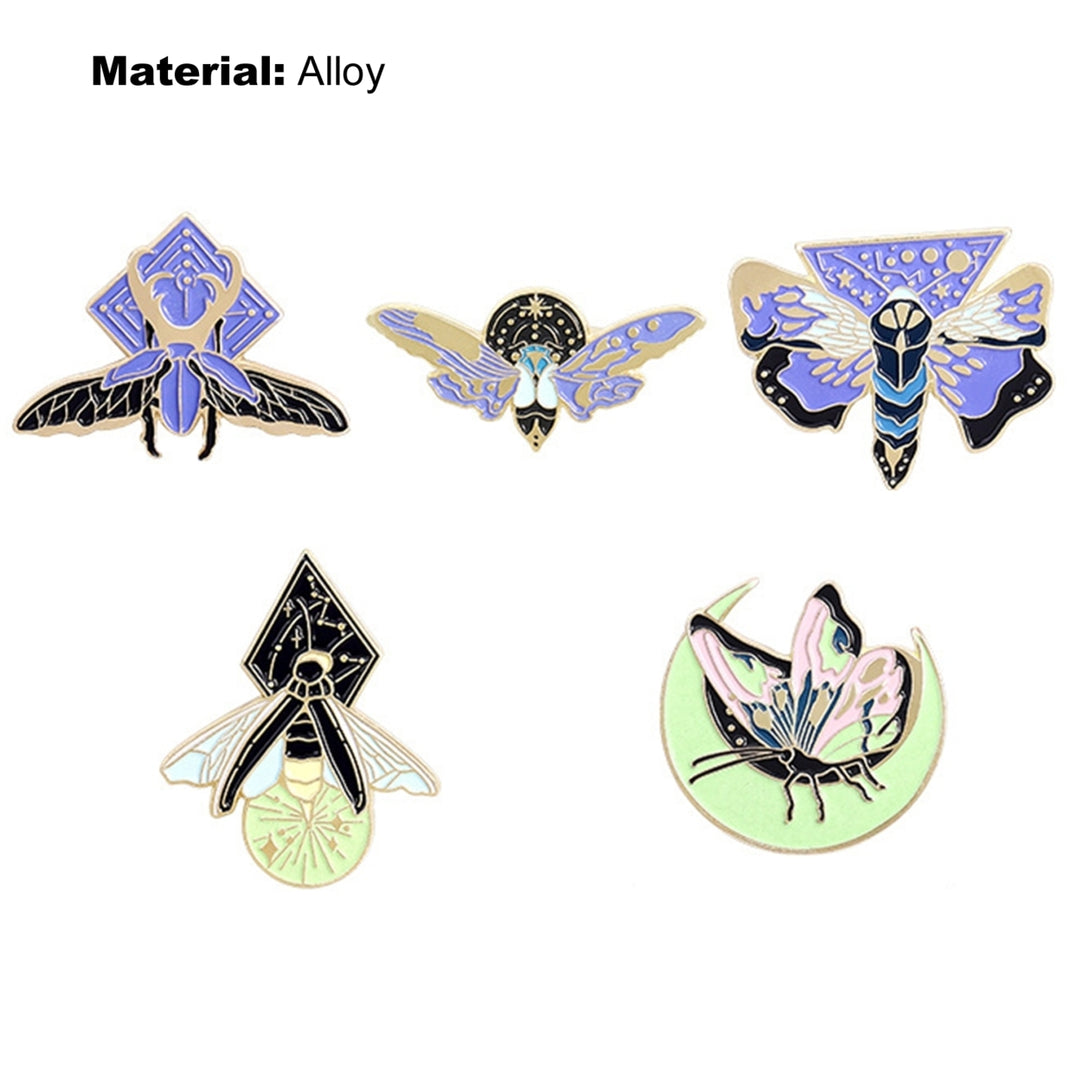 5Pcs Brooch Pin Luminous Enamel Alloy Butterfly Moth Moon Brooch Lapel Badge for Clothes Image 7