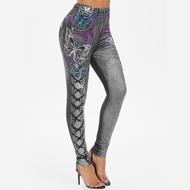 Women  Fashion Slim Faux Denim Pants 3D Butterfly Print Skinny leggings Plus Size Elastic Halloween Trouser Image 3
