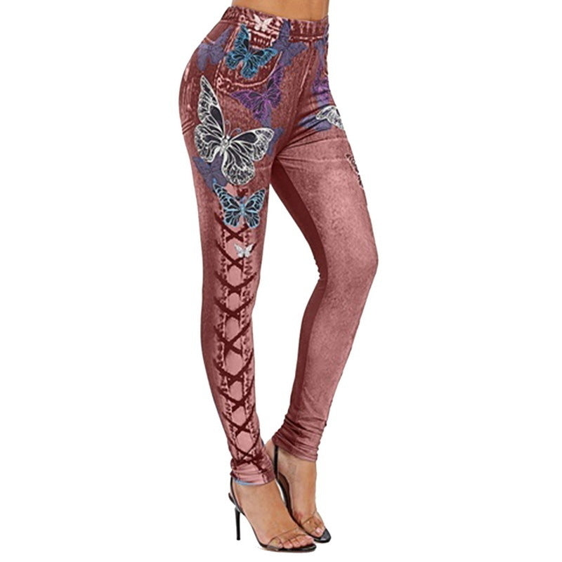 Women  Fashion Slim Faux Denim Pants 3D Butterfly Print Skinny leggings Plus Size Elastic Halloween Trouser Image 4