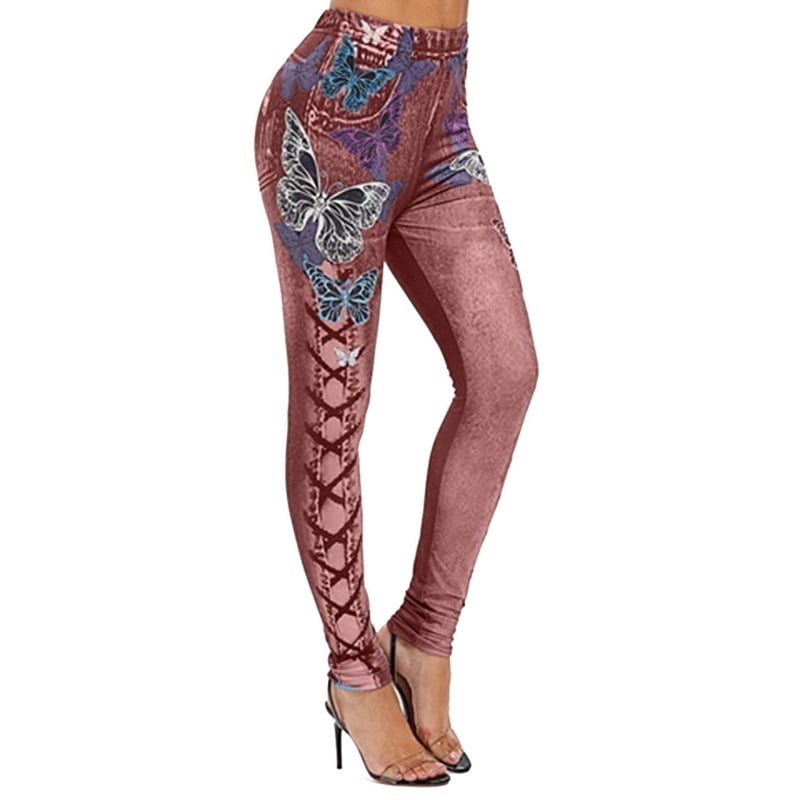 Women  Fashion Slim Faux Denim Pants 3D Butterfly Print Skinny leggings Plus Size Elastic Halloween Trouser Image 1
