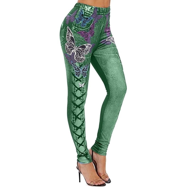 Women  Fashion Slim Faux Denim Pants 3D Butterfly Print Skinny leggings Plus Size Elastic Halloween Trouser Image 6