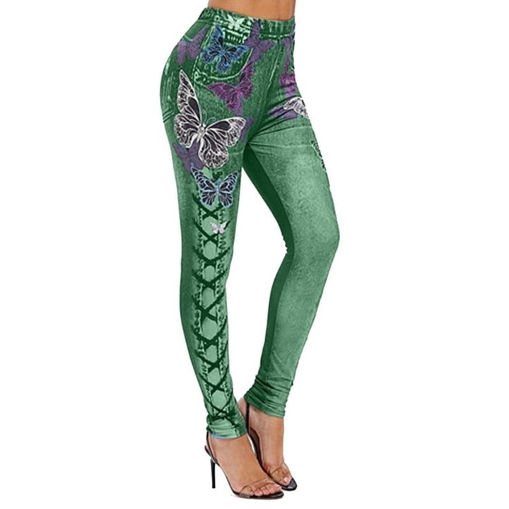 Women Fashion Slim Faux Denim Pants 3D Butterfly Print Skinny leggings Plus Size Elastic Halloween Trouser Image 1