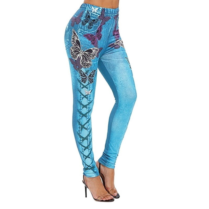 Women Fashion Slim Faux Denim Pants 3D Butterfly Print Skinny leggings Plus Size Elastic Halloween Trouser Image 7