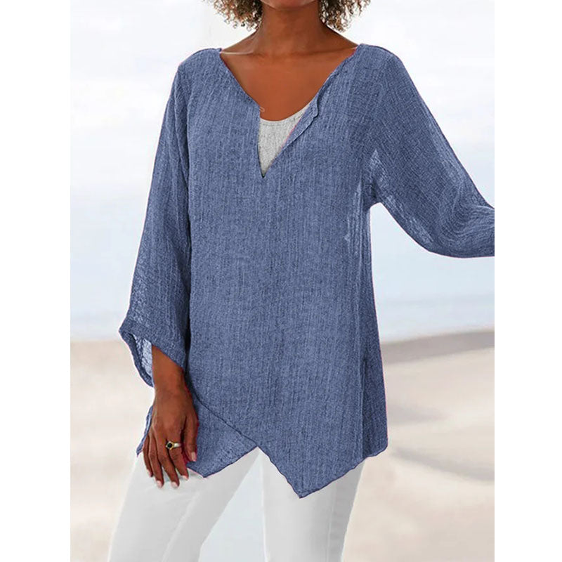 Womens V Neck Plus Size Linen Solid Summer Blouses Image 2