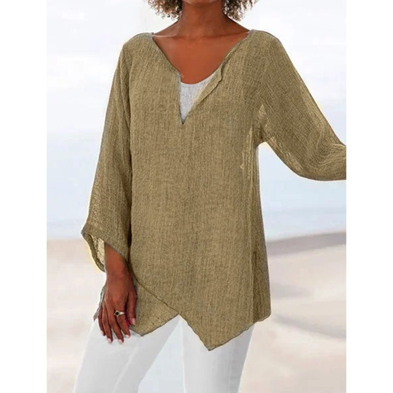 Womens V Neck Plus Size Linen Solid Summer Blouses Image 3