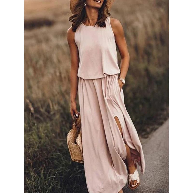 Womens Round Neck Solid Cotton-Blend Boho Pink Maxi Dresses Image 1