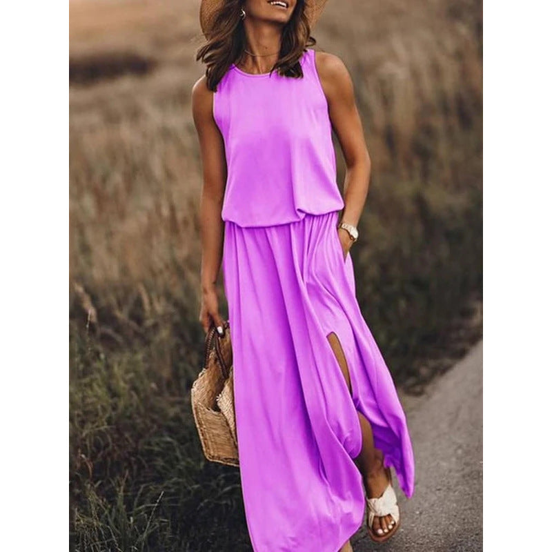 Womens Round Neck Solid Cotton-Blend Boho Pink Maxi Dresses Image 4