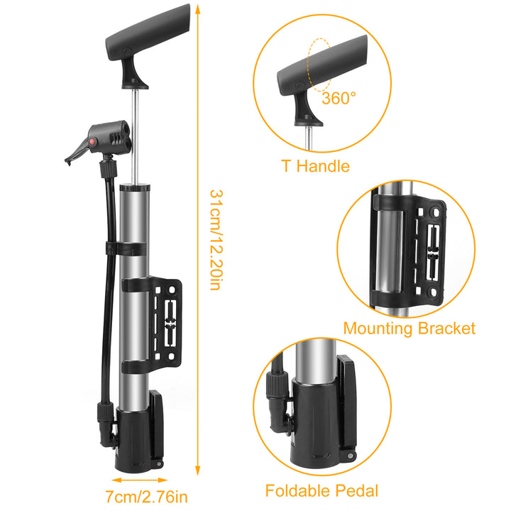 Mini Bike Pump Portable Bicycle Tire Inflator Aluminum Alloy Frame Mount Black Image 6