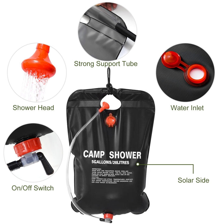 Portable Solar Shower Bag 5 Gallon Black PVC Camping Water Heater with Shower Head Image 2