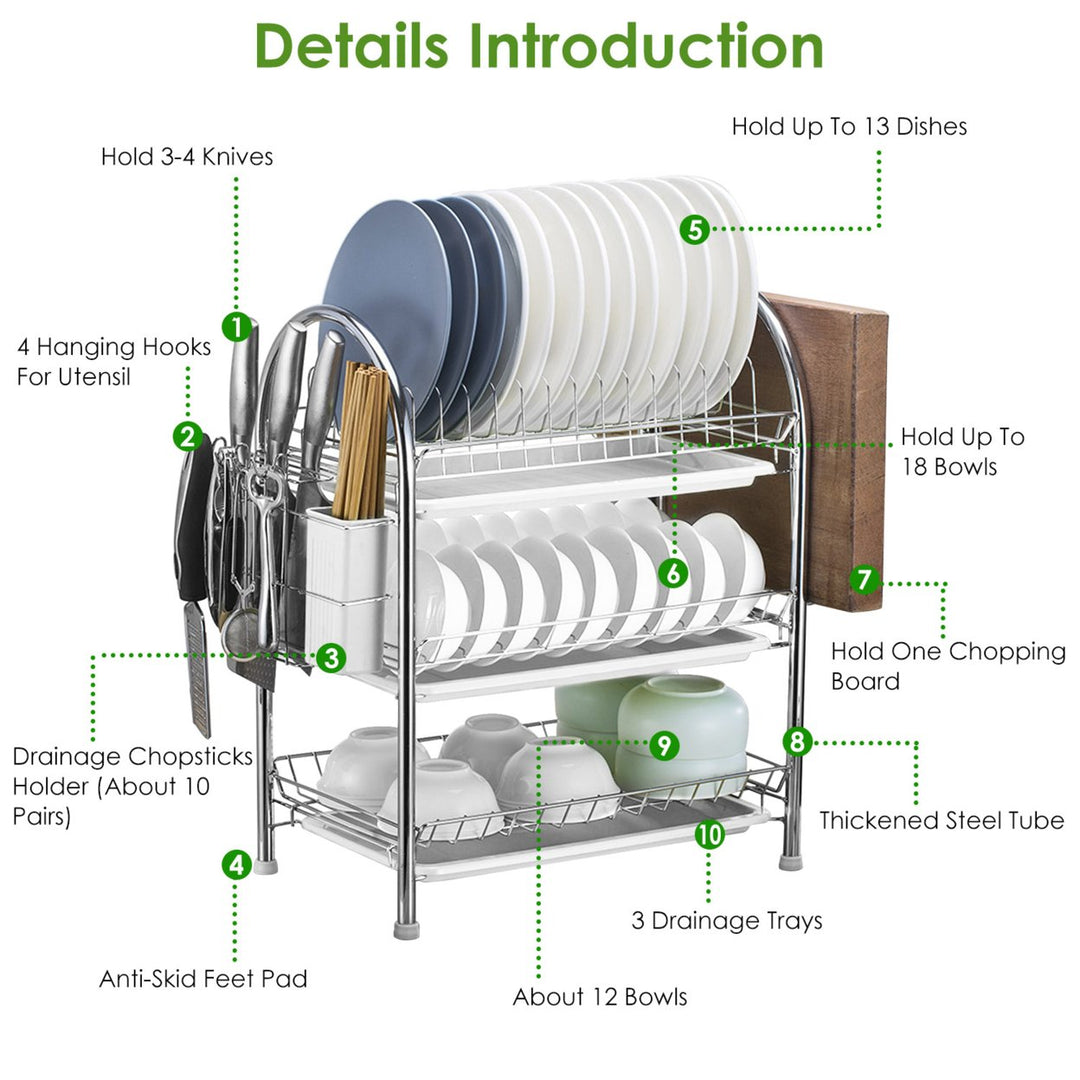 3-Tier Dish Drying Rack High-Carbon Steel with Drain Trays Utensil Holder White Silver Image 4