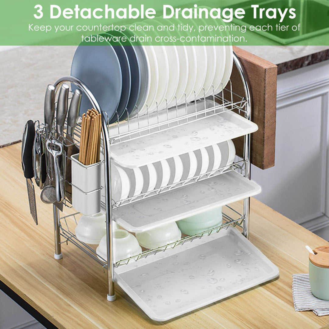 3-Tier Dish Drying Rack High-Carbon Steel with Drain Trays Utensil Holder White Silver Image 4